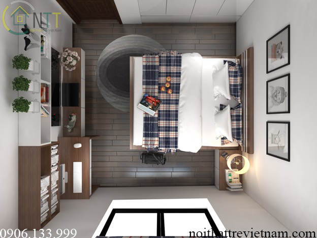 Một góc nhìn từ trên cao phòng ngủ 15m2 với tủ áo âm tường và giá kệ treo tường